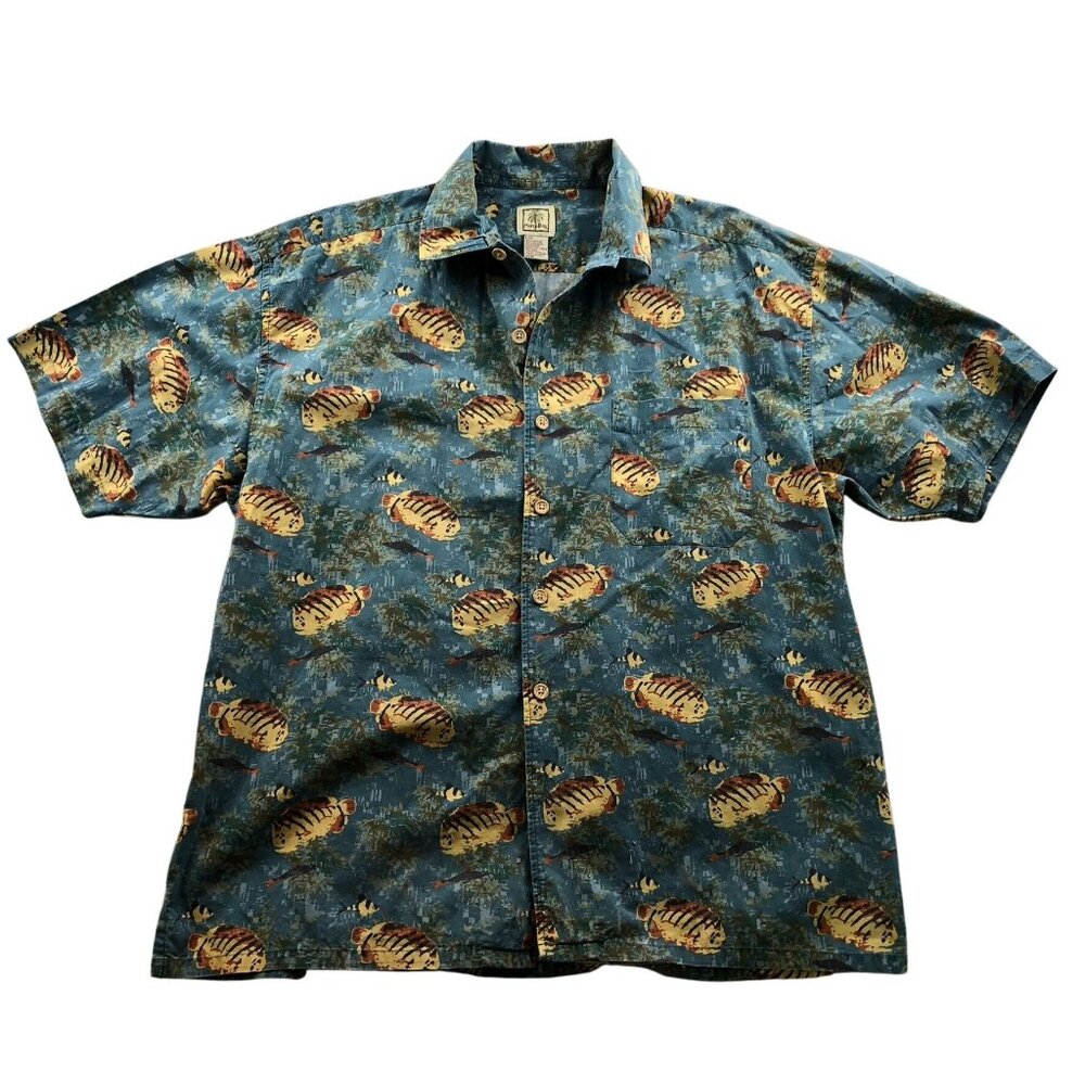 Morro Bay Mens Hawaiian Shirt Large Short Sleeve Beach Fish Print 100% Cotton